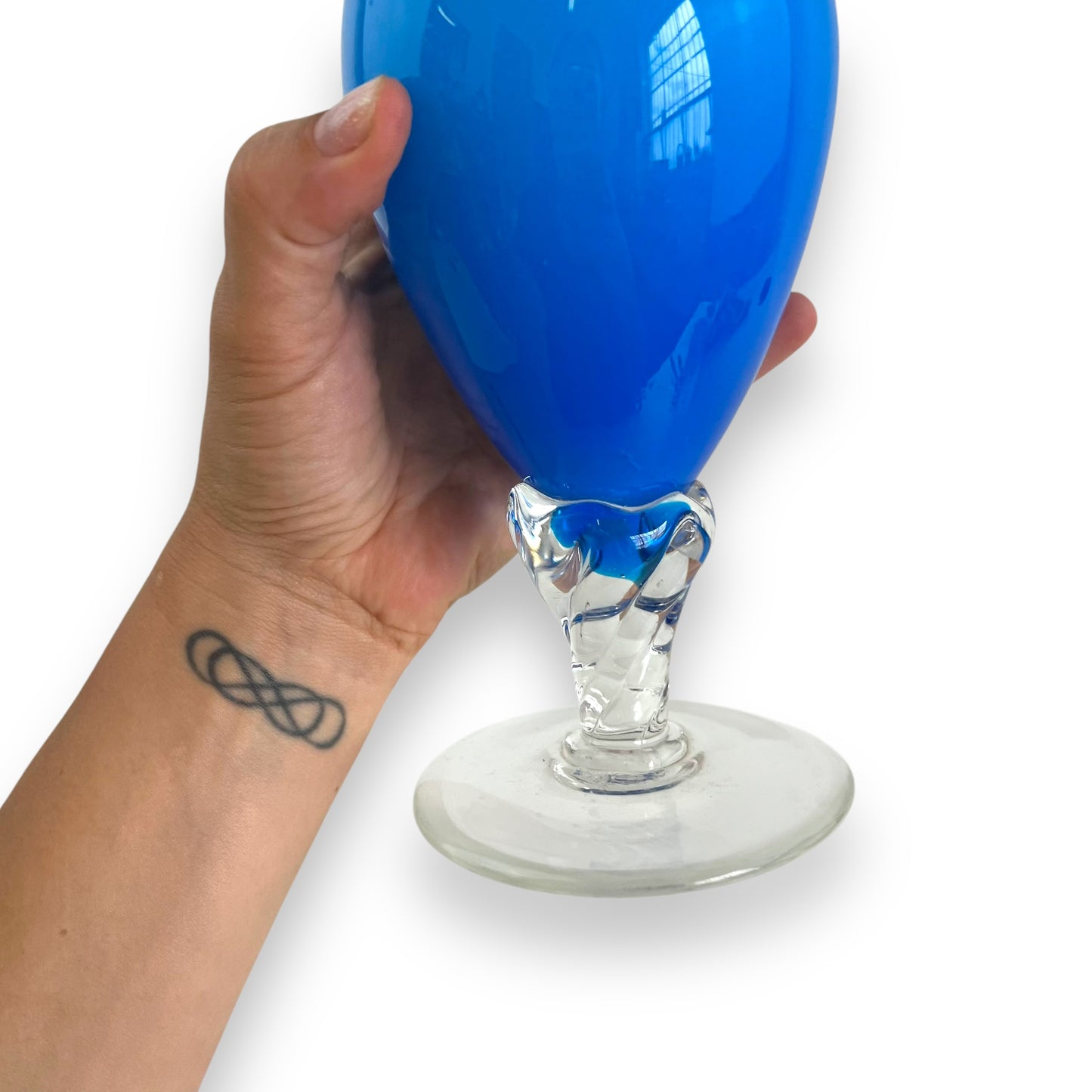 Italian Empoli Blue Cased Glass Pedestal Pitcher with Clear Twisted Handle