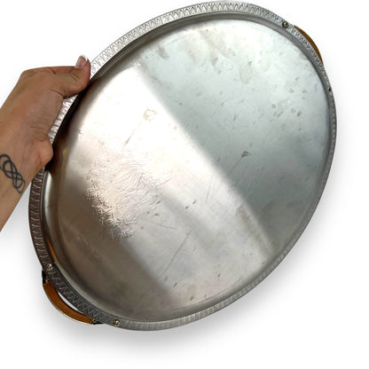 Chrome with gold trim large serving platter with rose design