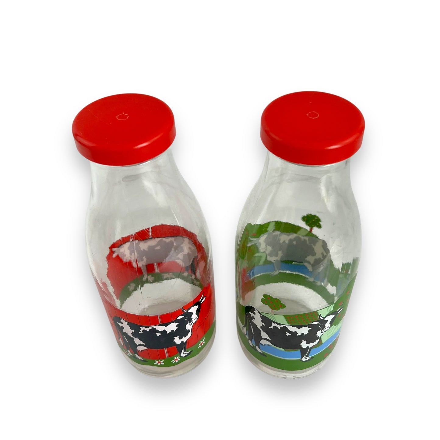 Set of 2 Vintage French Glass Milk Bottles with Cow Design