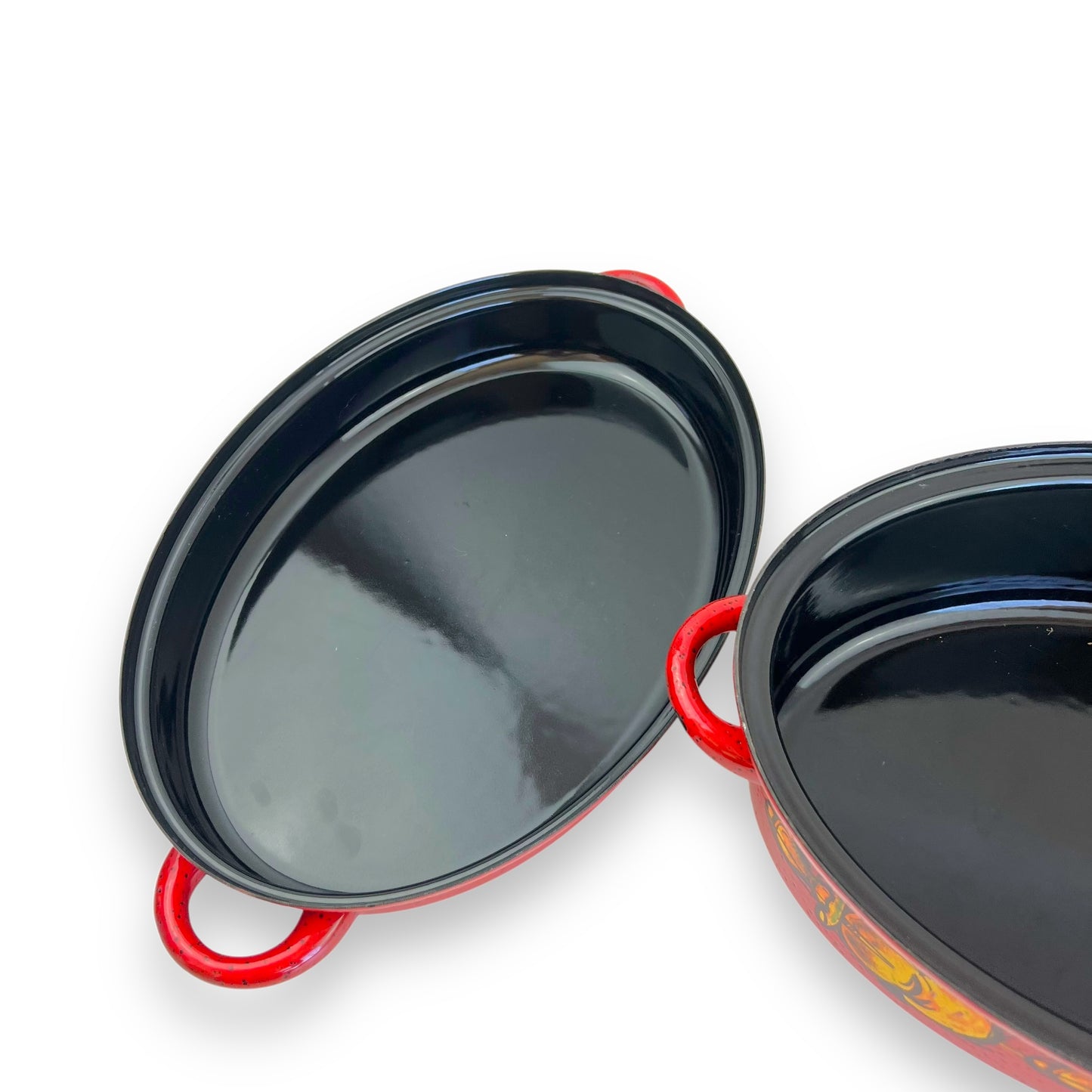 Red Enamelware Dutch Oven – Hand-Painted Fruit Motif, Two-Piece Roasting Pan