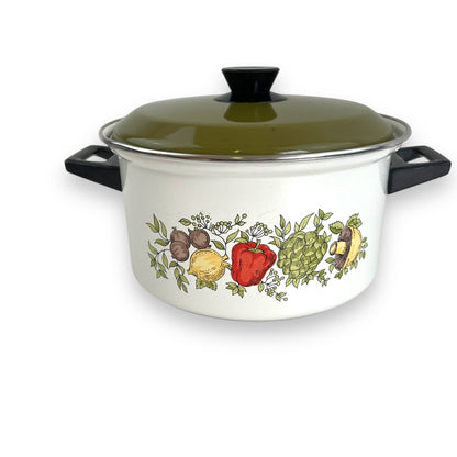 Enamel cooking pot with vegetable decal and green lid