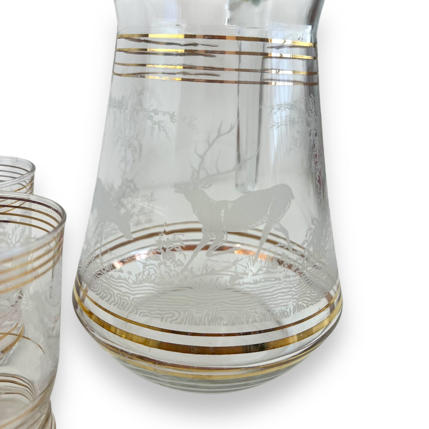 Glass Jug & 6 Cups with gold bands and etched deer/elk pattern