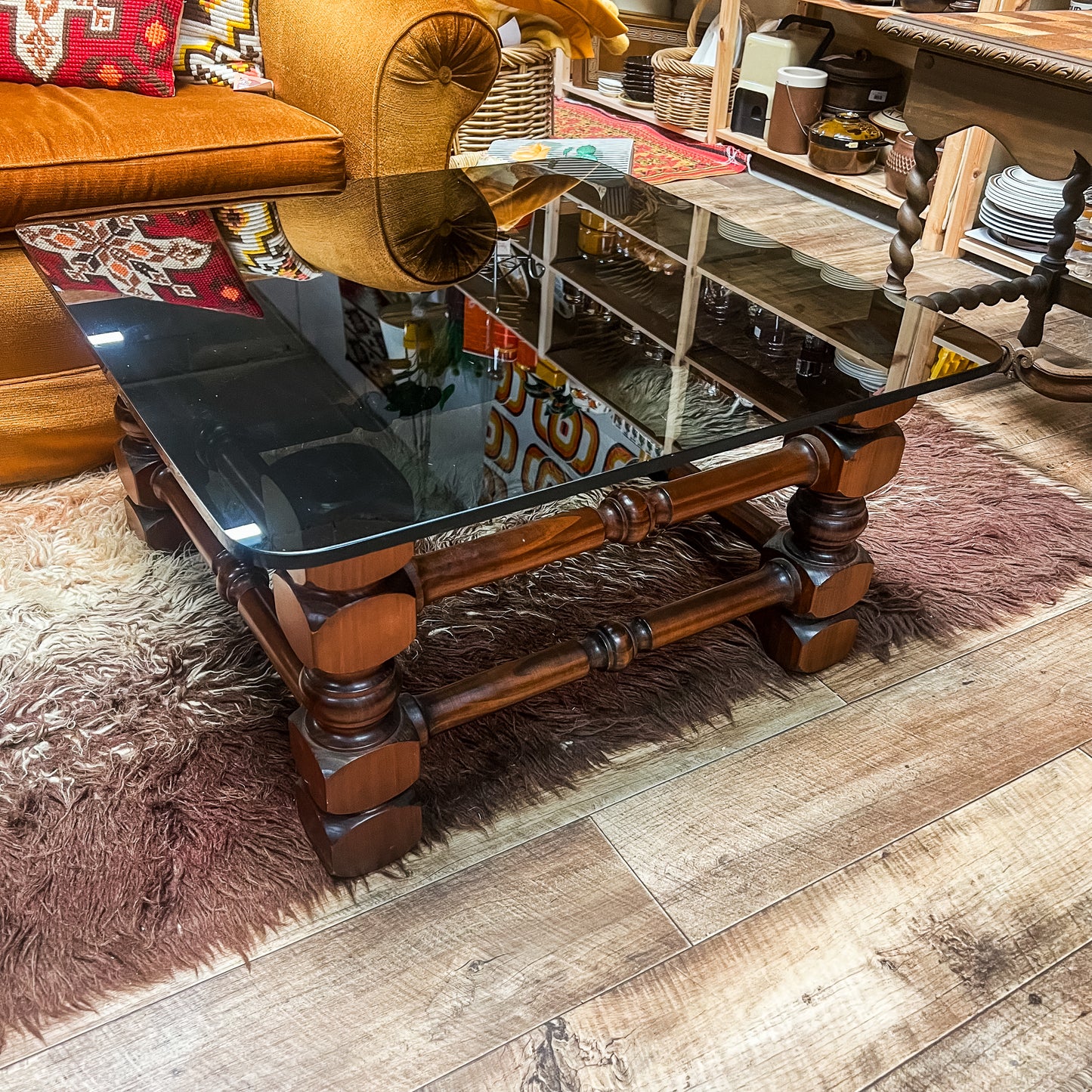 Solid Timber & Smoked Glass Coffee Table – Chunky Sculptural Base