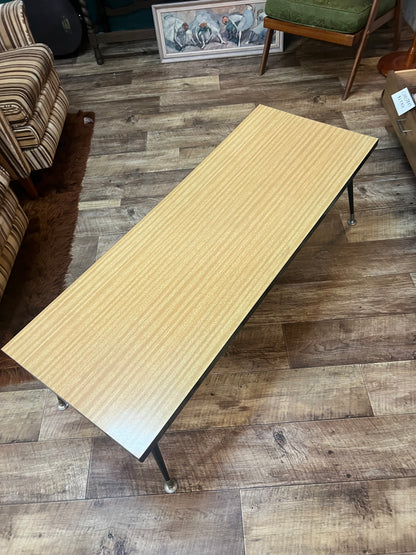Mid Century Modern Blonde Veneer Coffee Table with Black Metal Legs