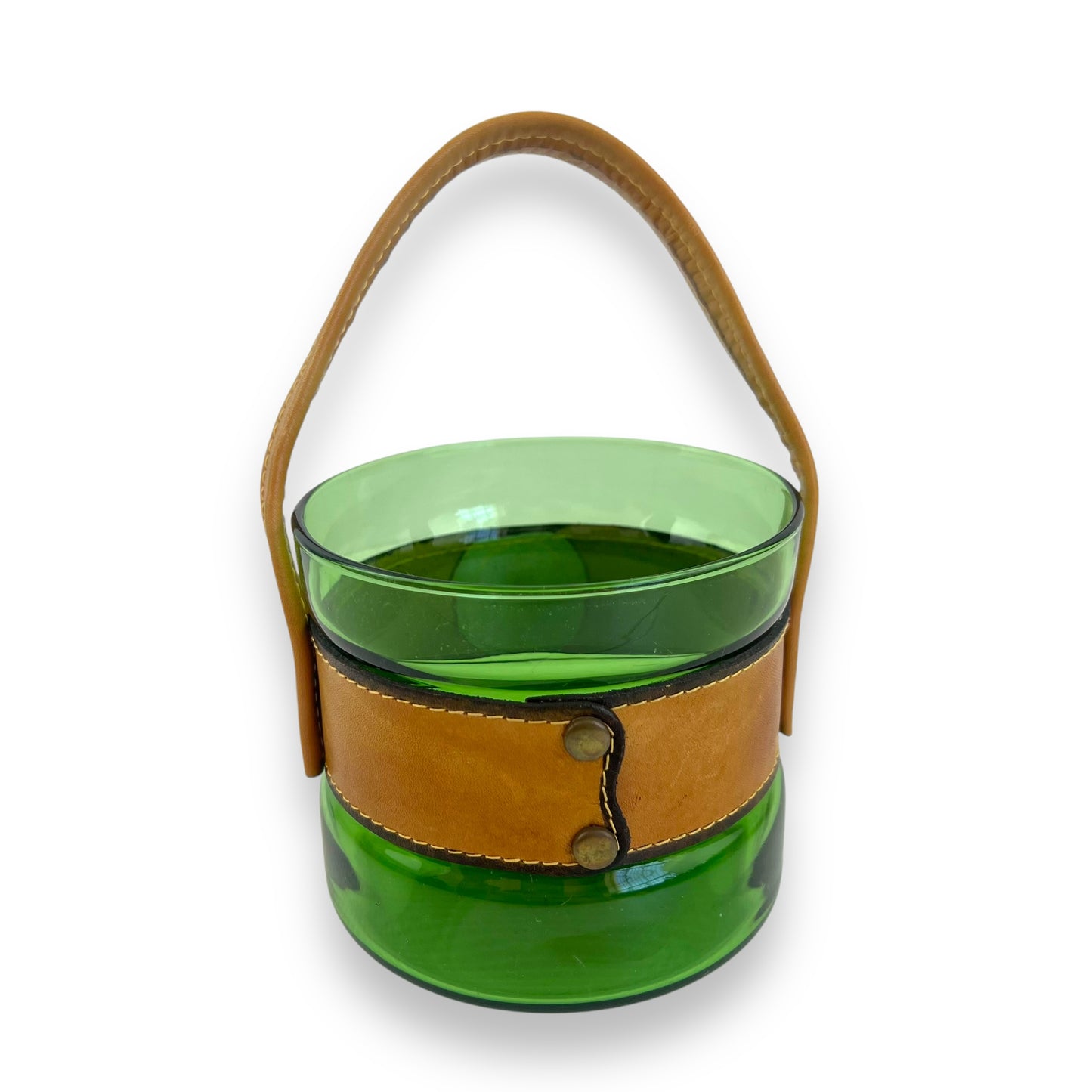 Green Glass Ice Bucket with Leather Lionhead Strap