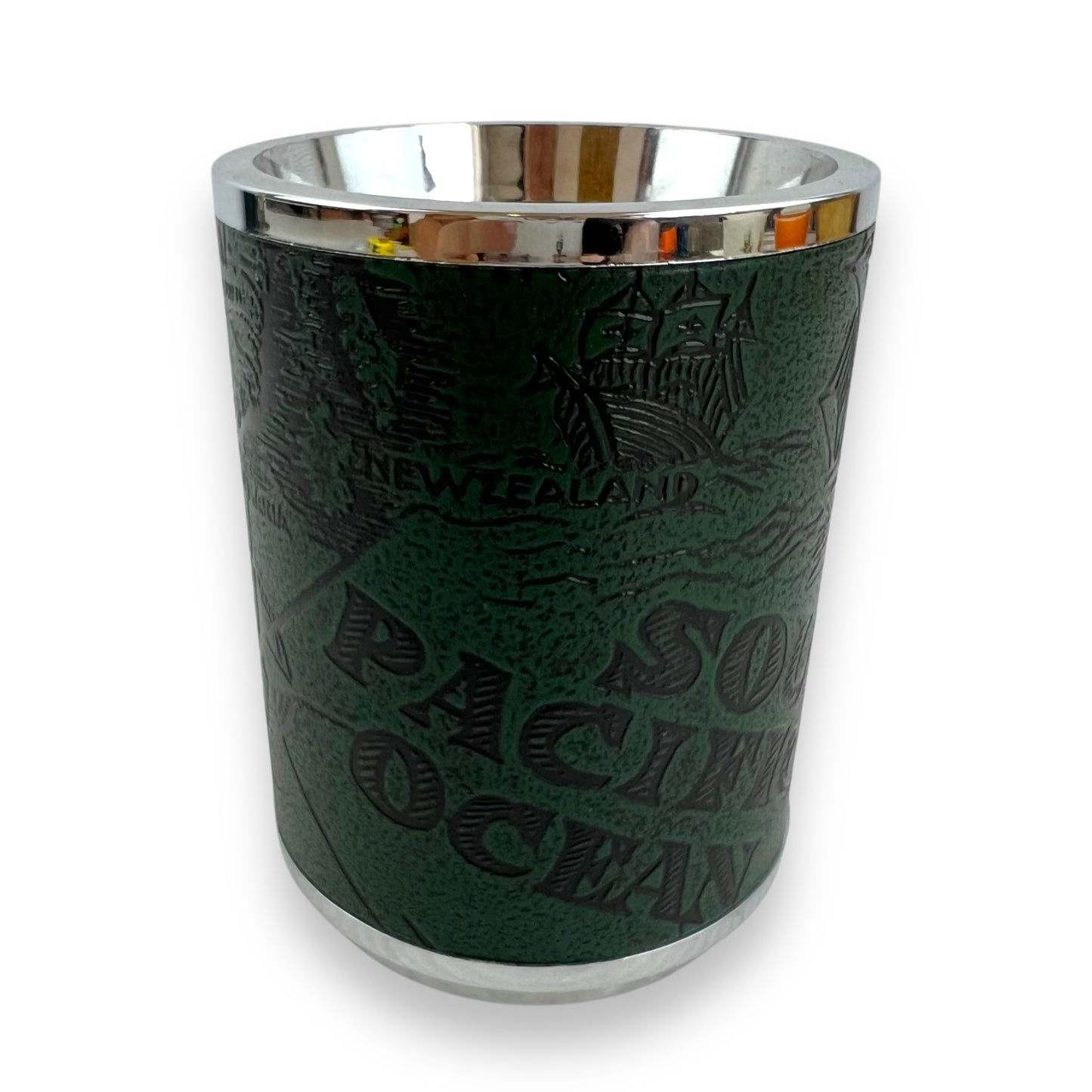 Pen Holder with Embossed Map and Chrome Accents
