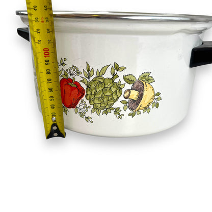Enamel cooking pot with vegetable decal and green lid