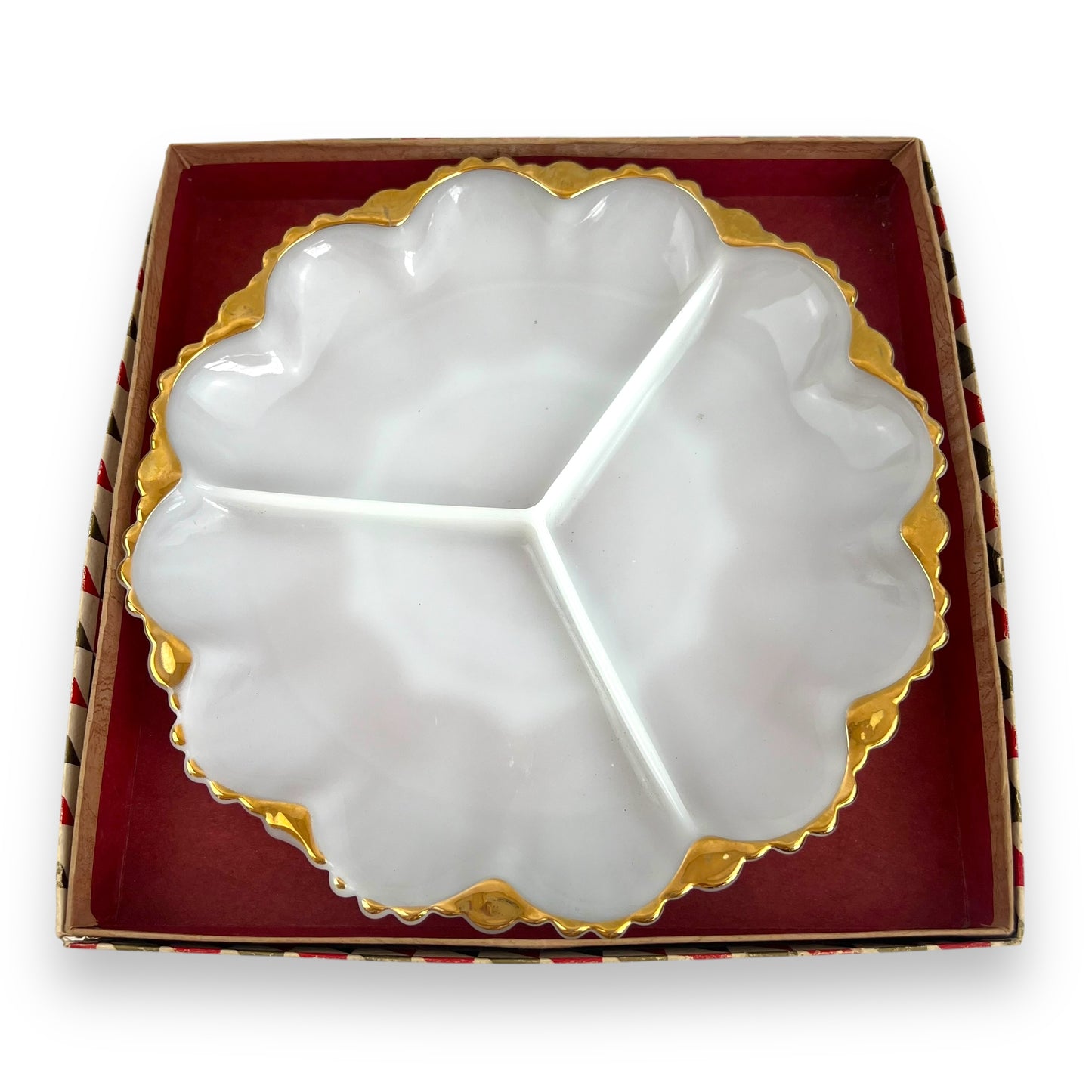 Anchor Hocking Milk Glass Divided Serving Dish with Gold Trim | Original Box