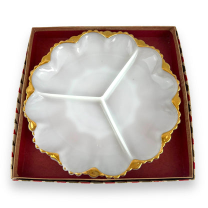 Anchor Hocking Milk Glass Divided Serving Dish with Gold Trim | Original Box