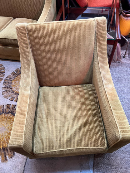 #1 Olive Green Armchair  with stripe patterned upholstery