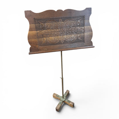 Adjustable Carved Timber Music Stand with Brass & Timber Base