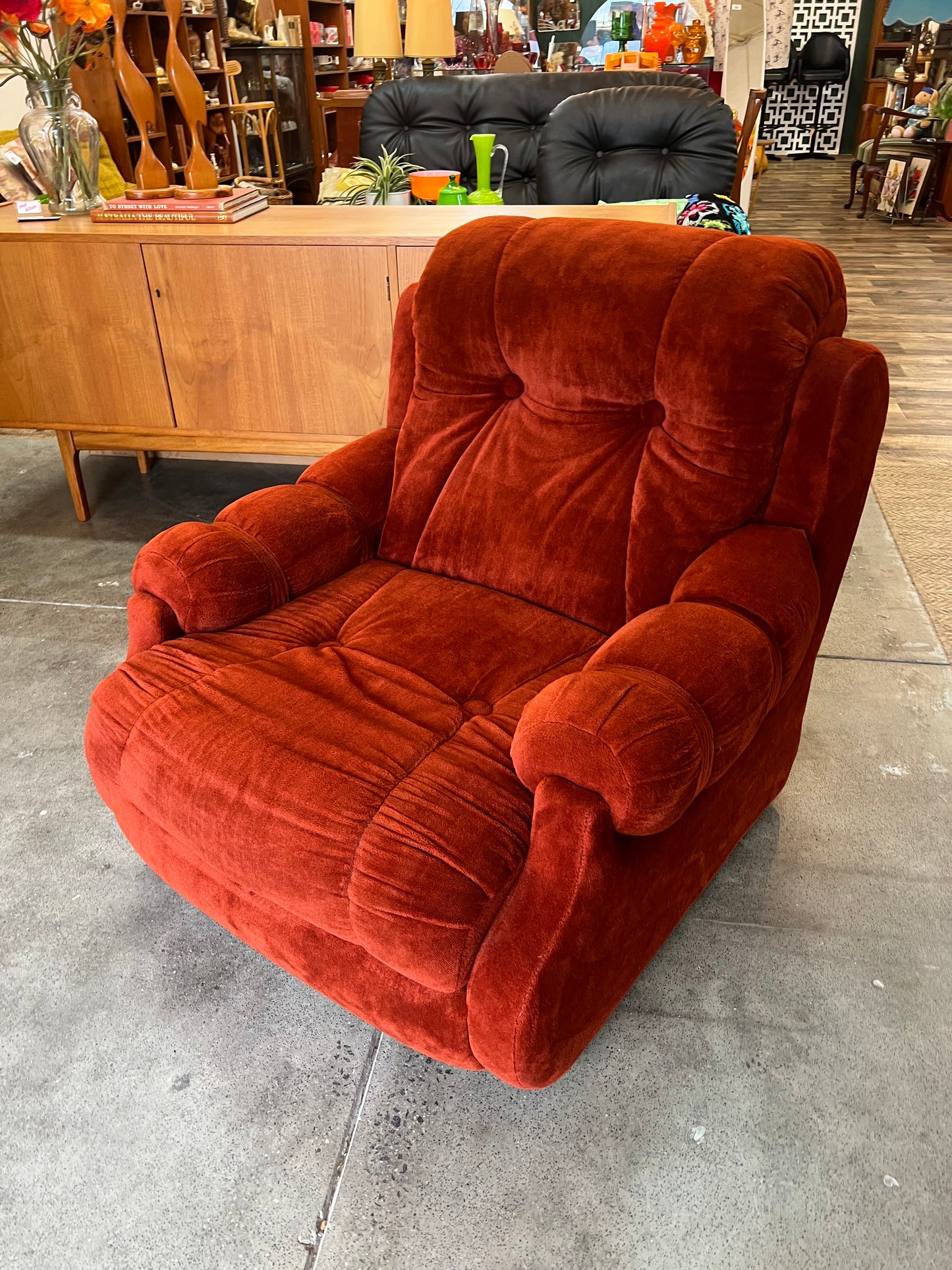 Rust Red Velvet Lounge Chair – Retro Plush Armchair, 1970s