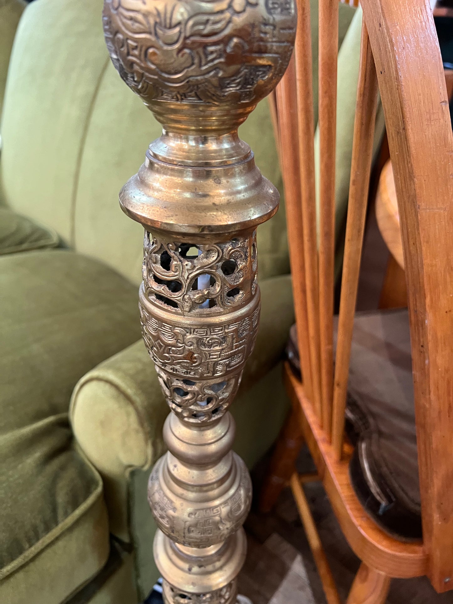 Ornate Brass Floor Lamp with Original Mustard Shade