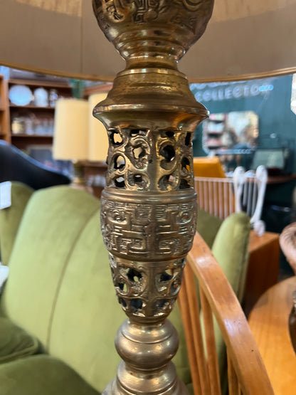Ornate Brass Floor Lamp with Original Mustard Shade