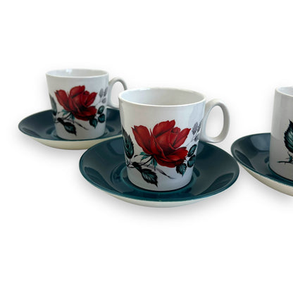 Red rose teacup with green saucer set of 4 - made in England