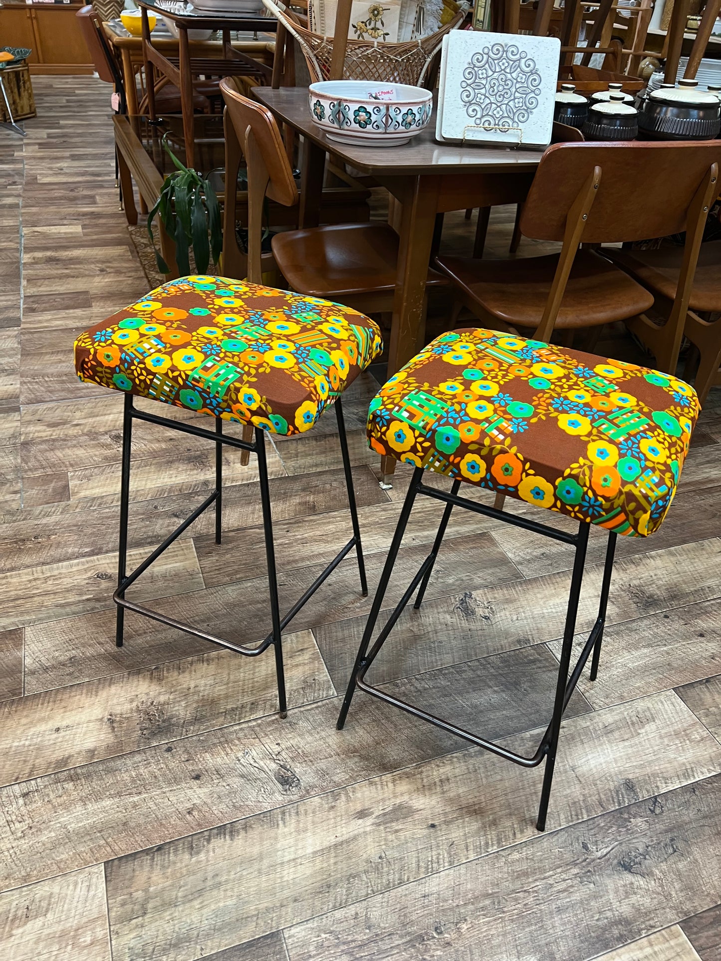Retro flower pattern pair of stools black steel legs