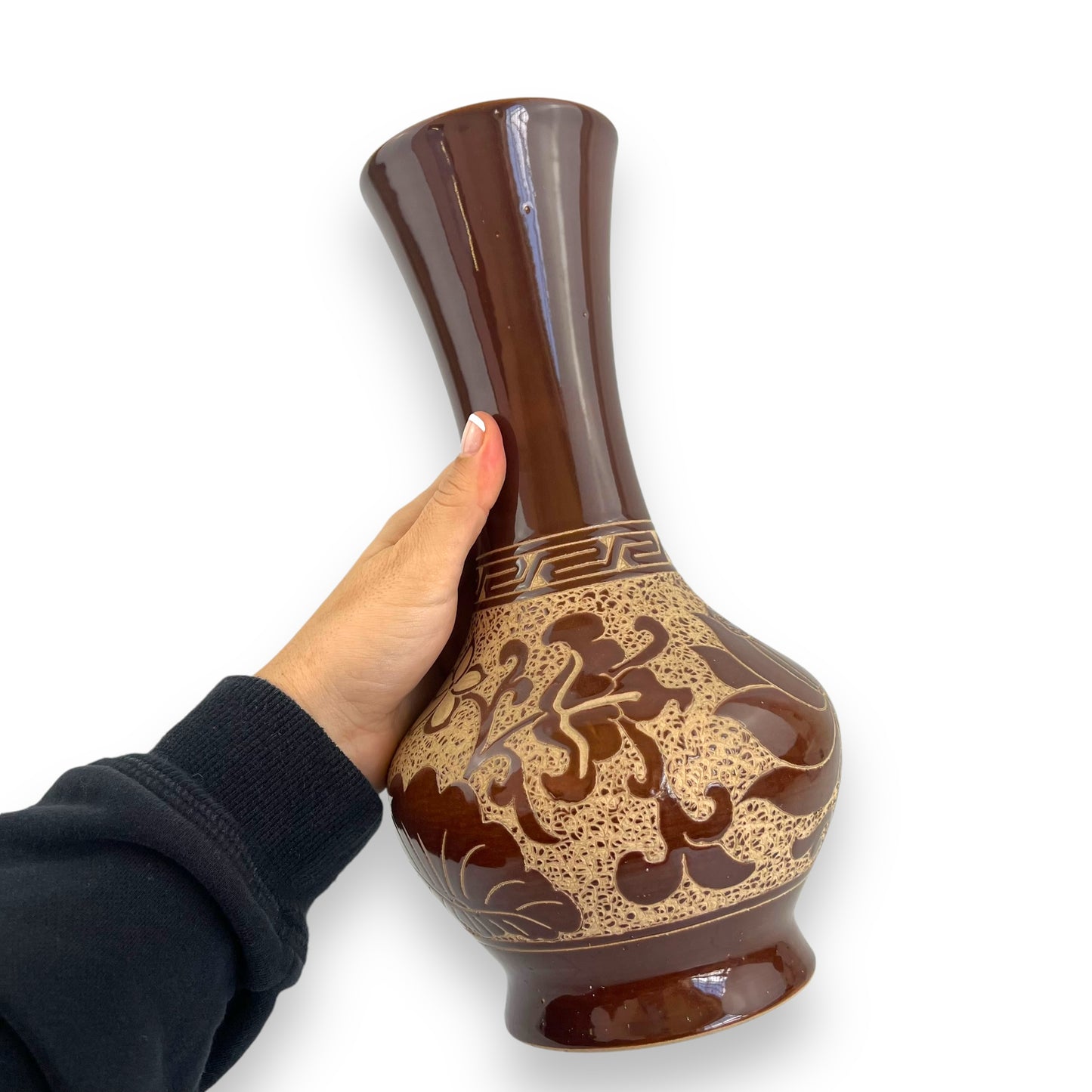 Large brown flower etched vase