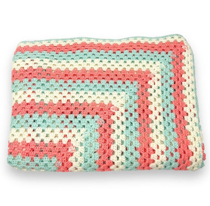 Crochet Blanket - Cream, Coral Pink & Aqua Crochet Knit Blanket