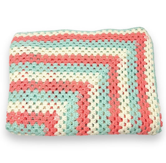Crochet Blanket - Cream, Coral Pink & Aqua Crochet Knit Blanket