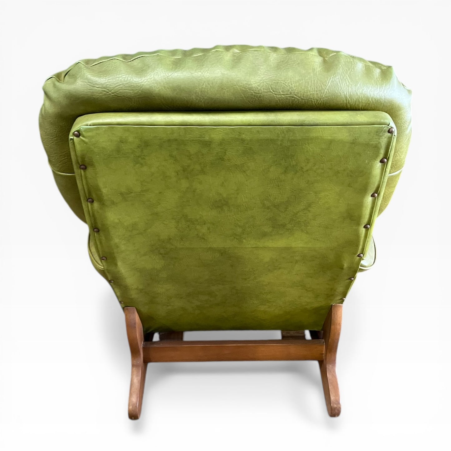 Olive Green Vinyl Lounge Armchair with Timber Sleigh Base
 (rip on side)