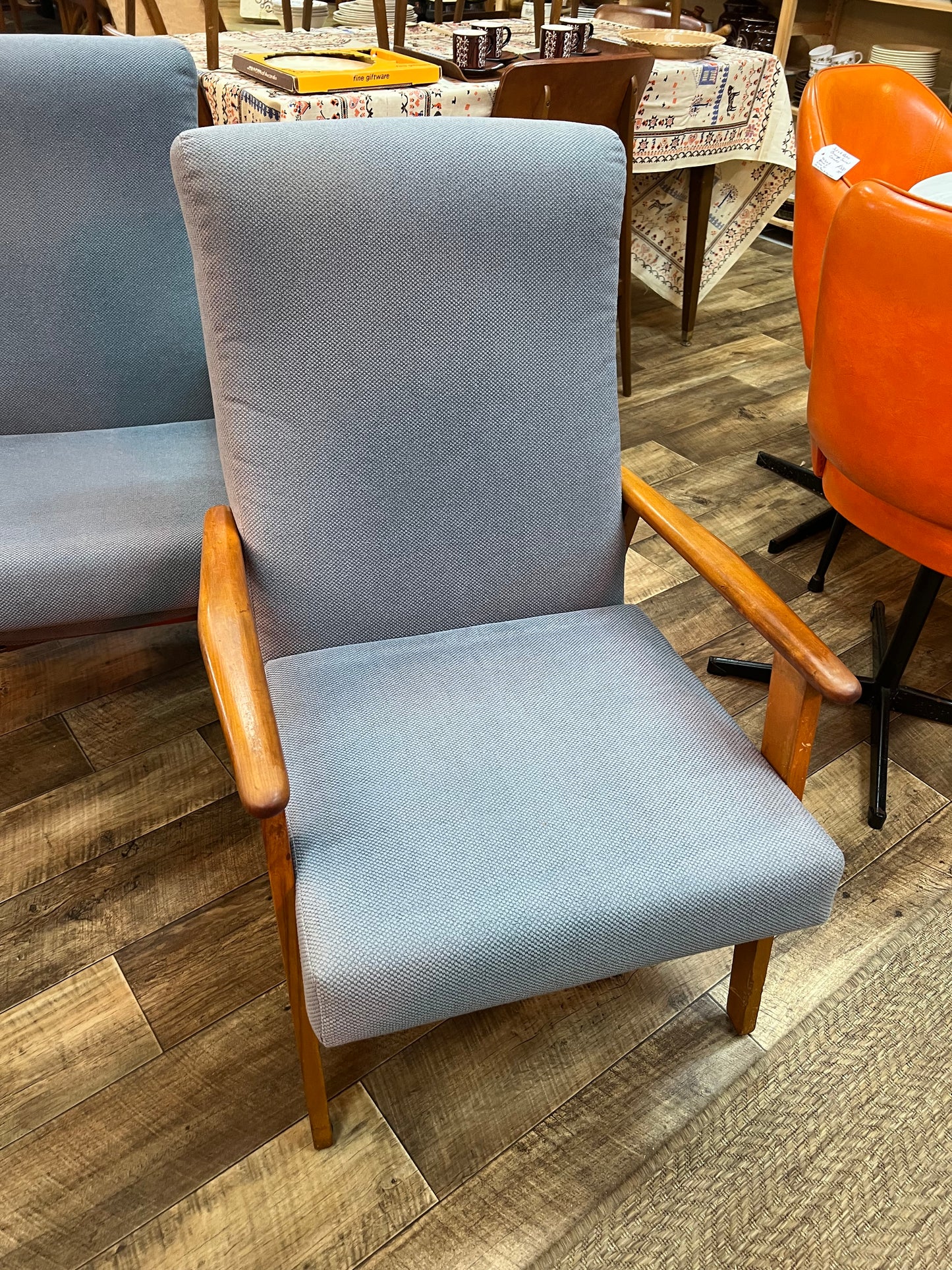 #1 Mid-Century Push-Back Reclining Armchair with Blue Upholstery