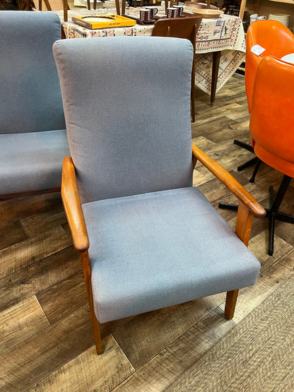 #1 Mid-Century Push-Back Reclining Armchair with Blue Upholstery