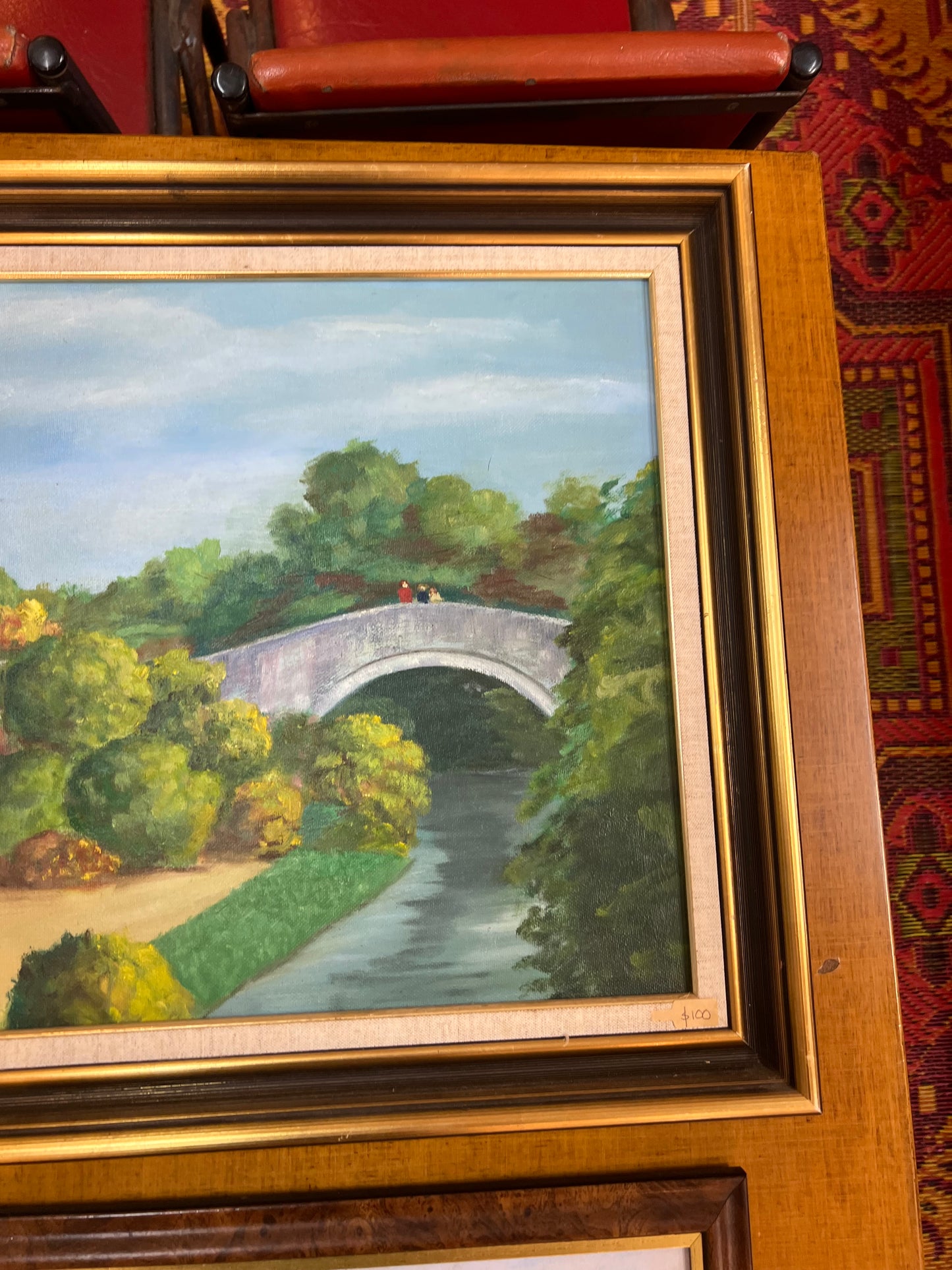 Landscape Oil Painting – J. Jackson 1992, Garden Bridge Scene with Classical Pavilion, Framed Wall Art