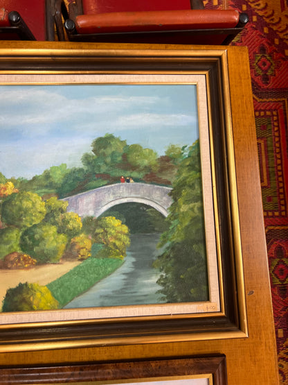 Landscape Oil Painting – J. Jackson 1992, Garden Bridge Scene with Classical Pavilion, Framed Wall Art