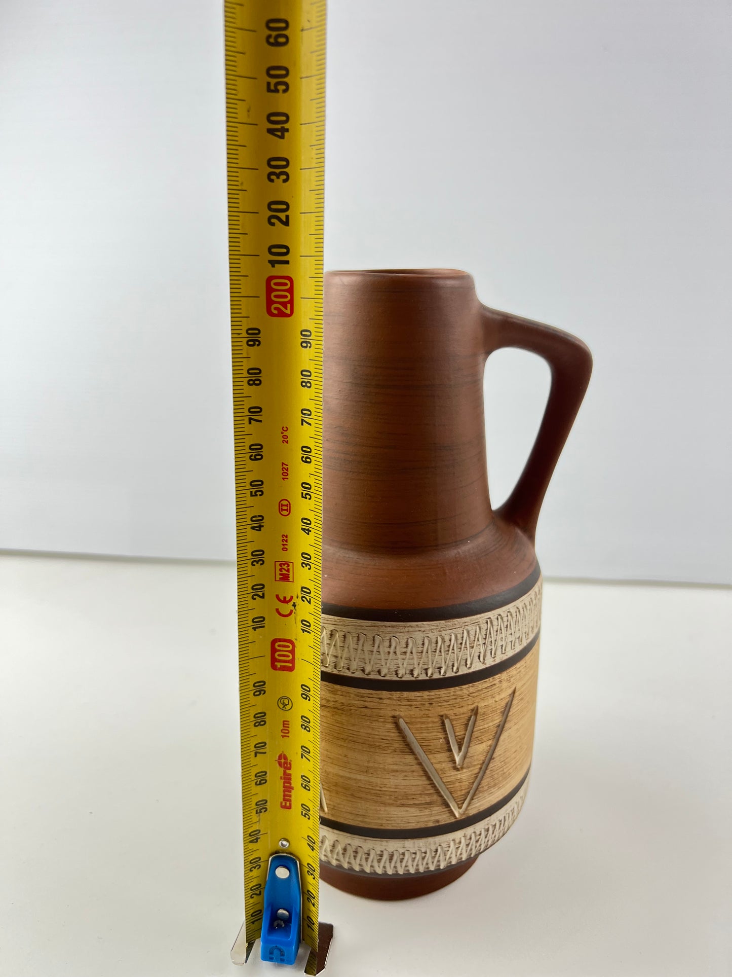 West German Pottery Vase – Brown Patterned with Handle 347/20