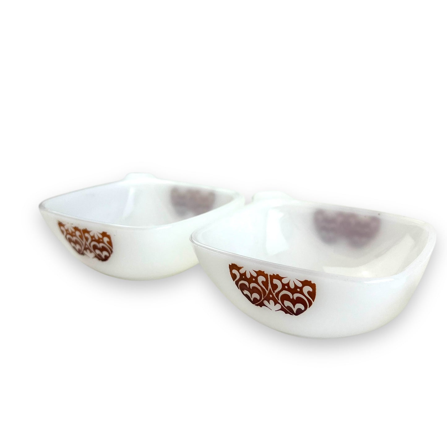 Crown Pyrex Ovenware Milk Glass Ramekin Set – Brown & White Floral Design