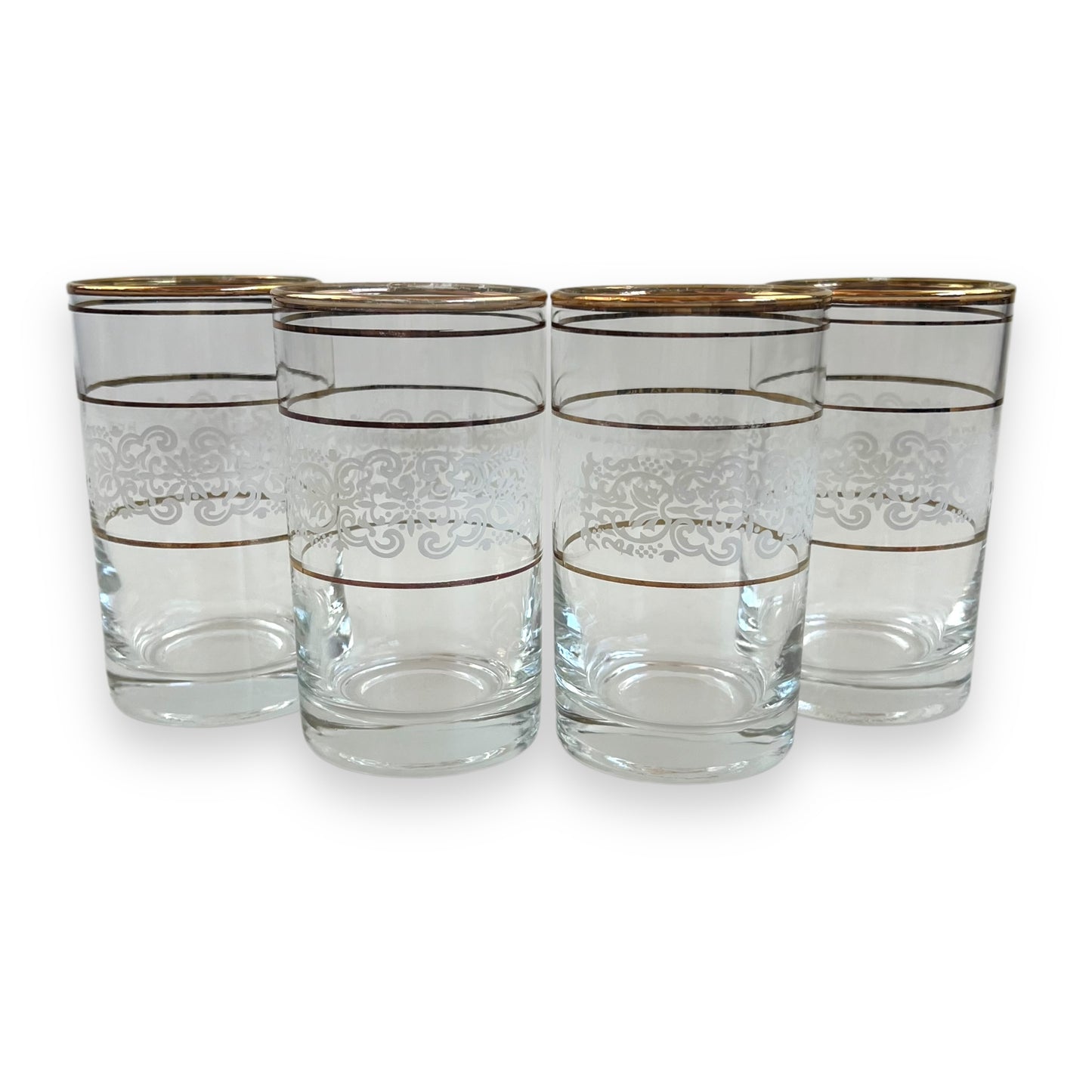 White ornate pattern with gold band glass set of 4
