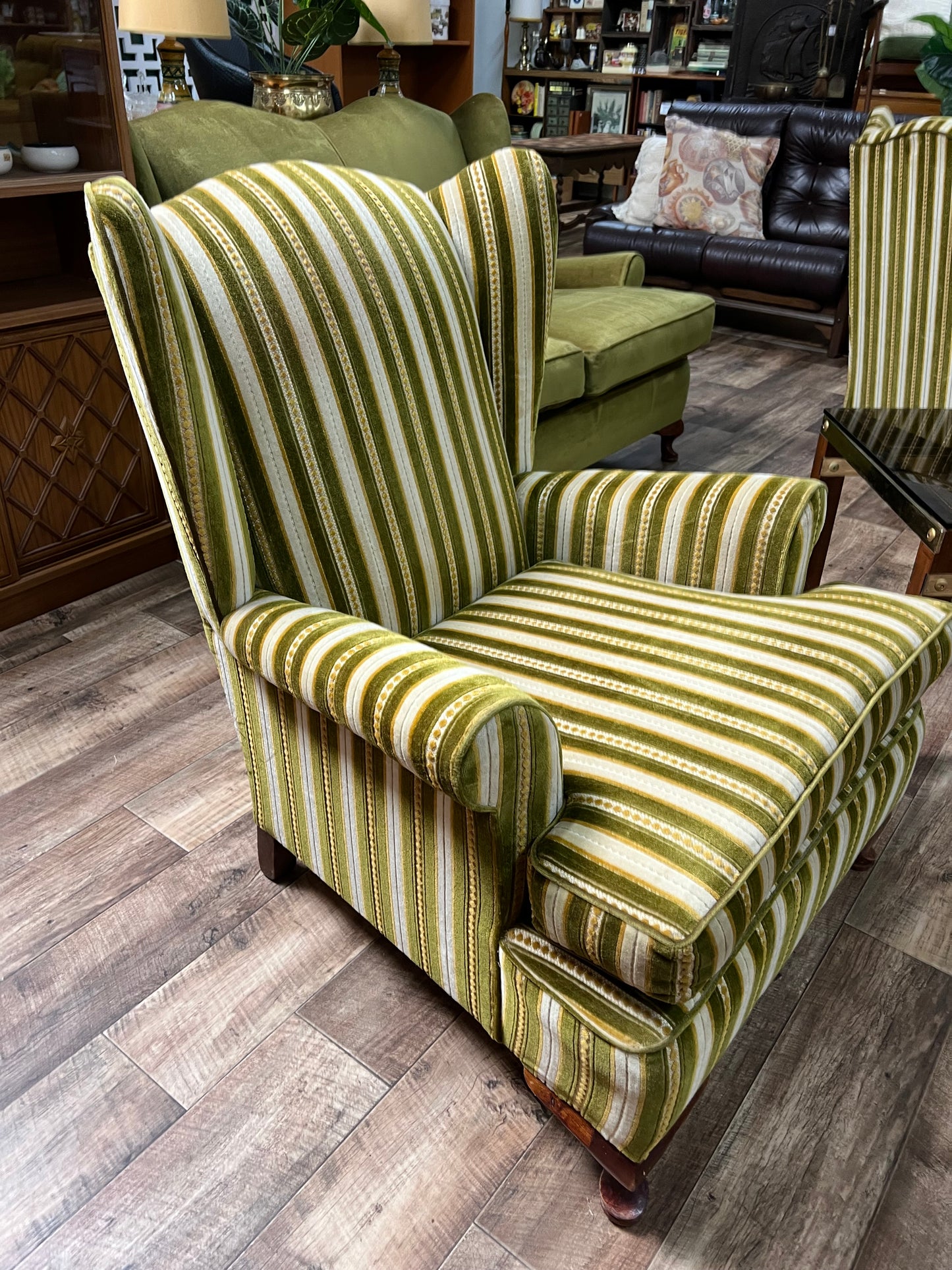 2.Green stripe wingback chair