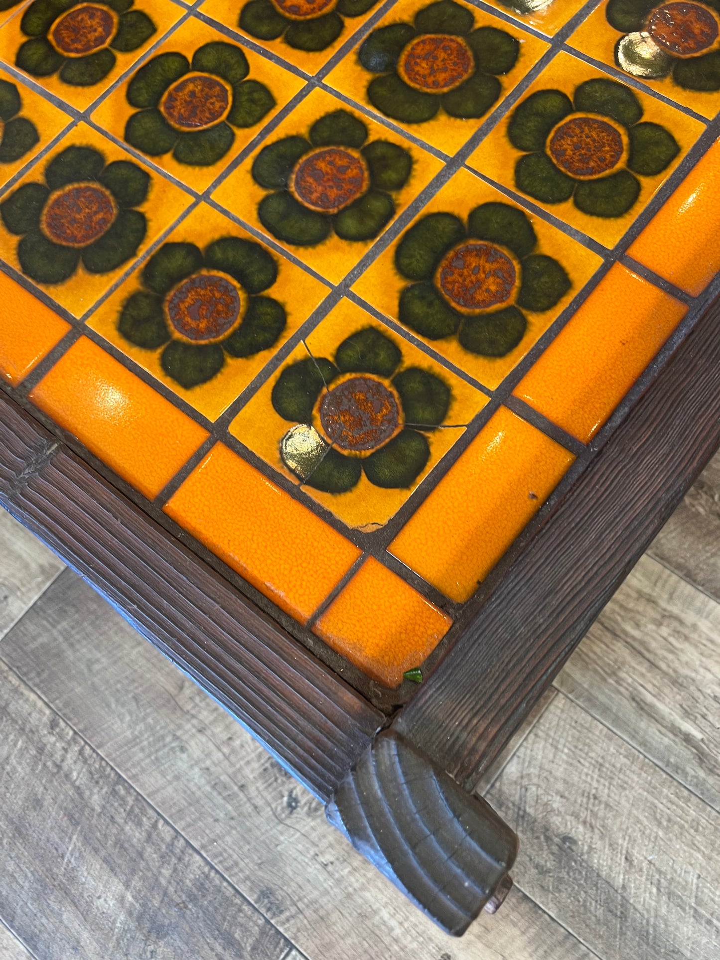 Retro Tile-Top Coffee Table – Orange & Brown Floral Ceramic Tiles