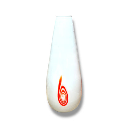 Italian art glass vase in glossy opaque white with a striking reddish-orange spiral accent