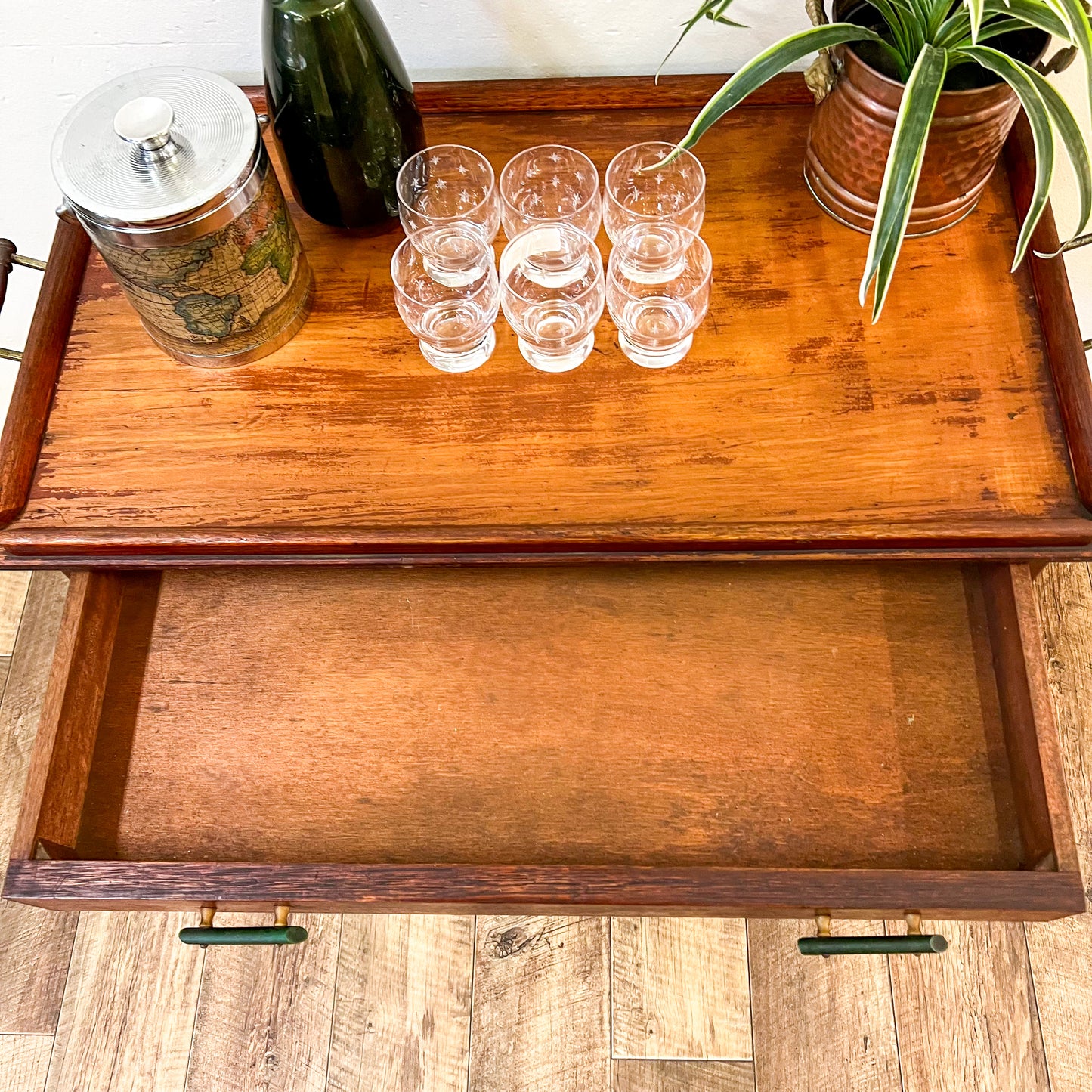 Vintage two tier wooden tea / bar cart trolley with drawers