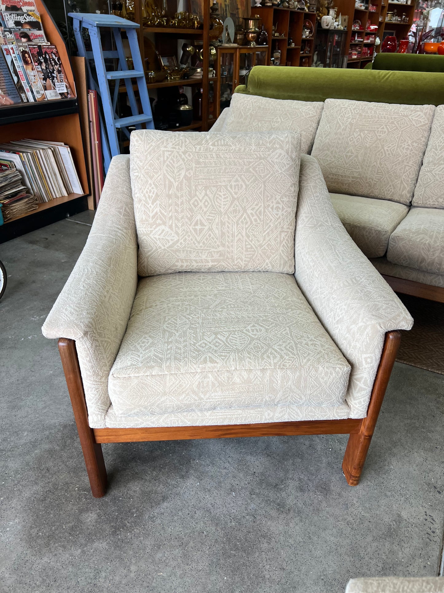 1. Danish Deluxe Single Lounge Chair Cream Patterned Upholstery