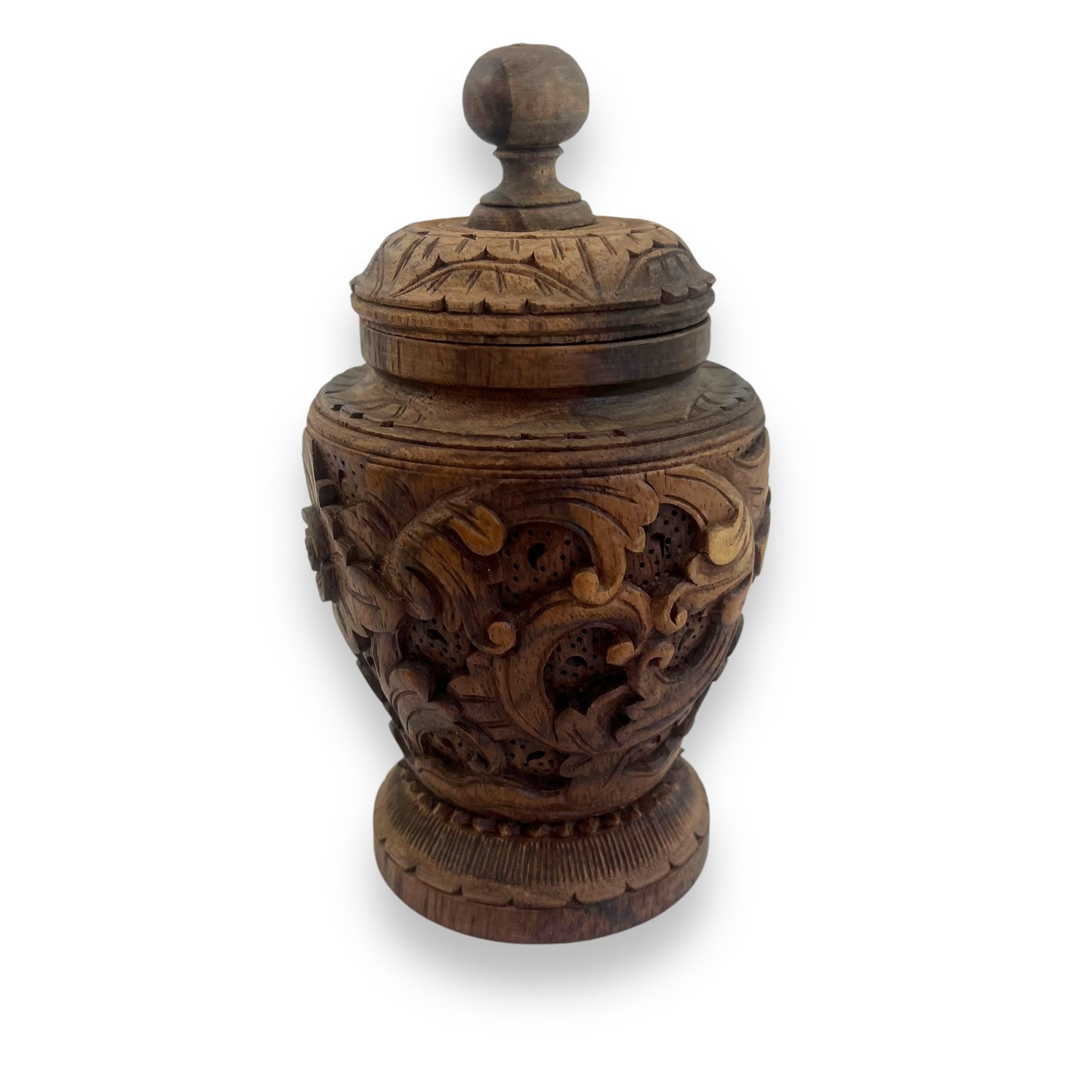 Hand-Carved Wooden Decorative Jar with Lid – Intricately Floral Design