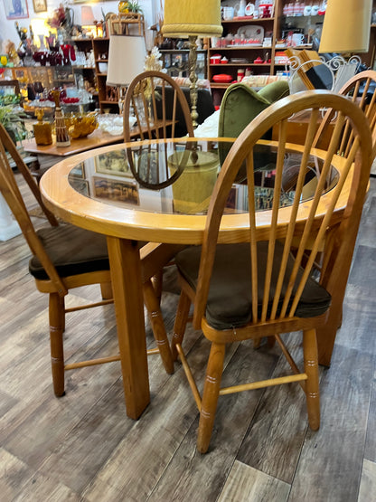 Wooden Round Glass Top Dining Table & 4 Chairs with brown velvet cushions