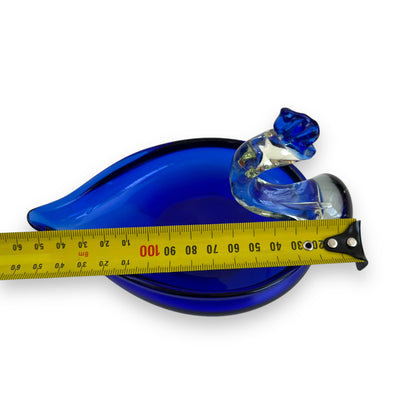 Hand Blown Vintage Blue Glass Art Peacock Swan Bird Trinket Bowl Dish Ashtray