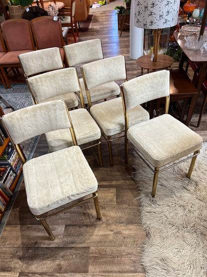Brass & Smoked Glass Dining Table with 6 Chairs cream upholstery