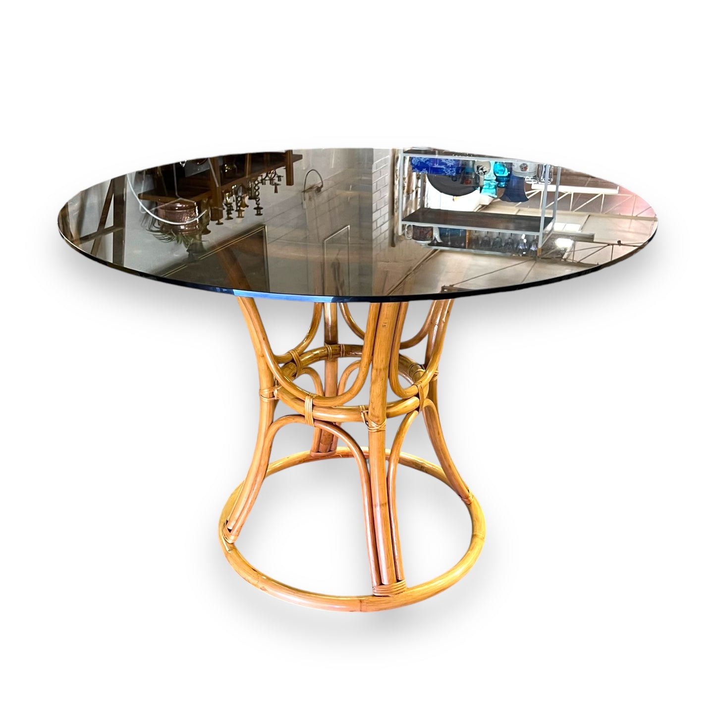 Cane Dining Table with Black Glass Round Top