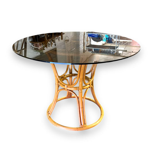 Cane Dining Table with Black Glass Round Top