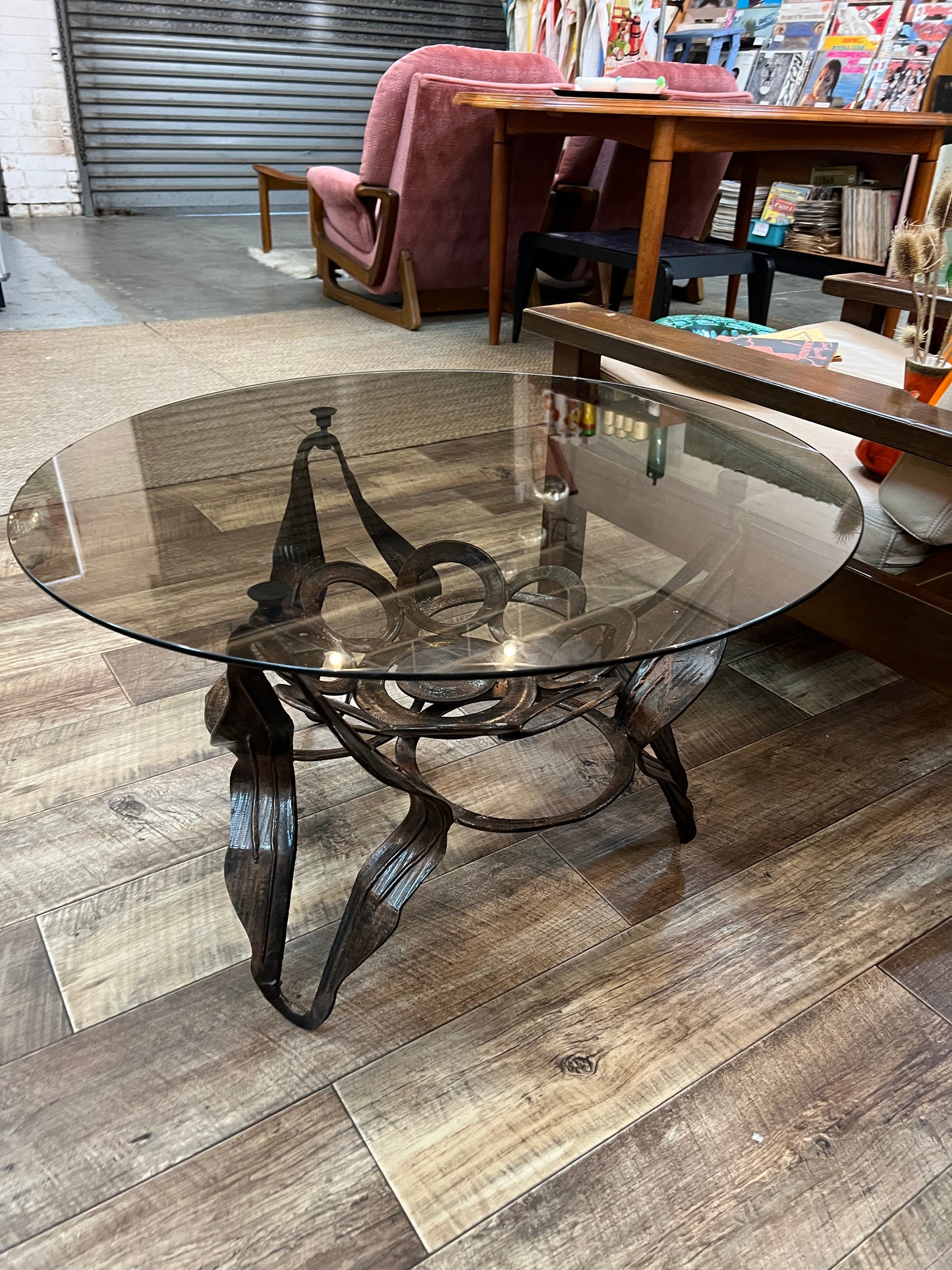 Mid Century Australian Brutalist Round Coffee Table with Smoked Glass Top