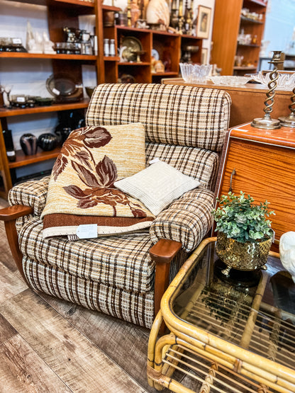Plaid Lounge Chair with Wooden Armrests