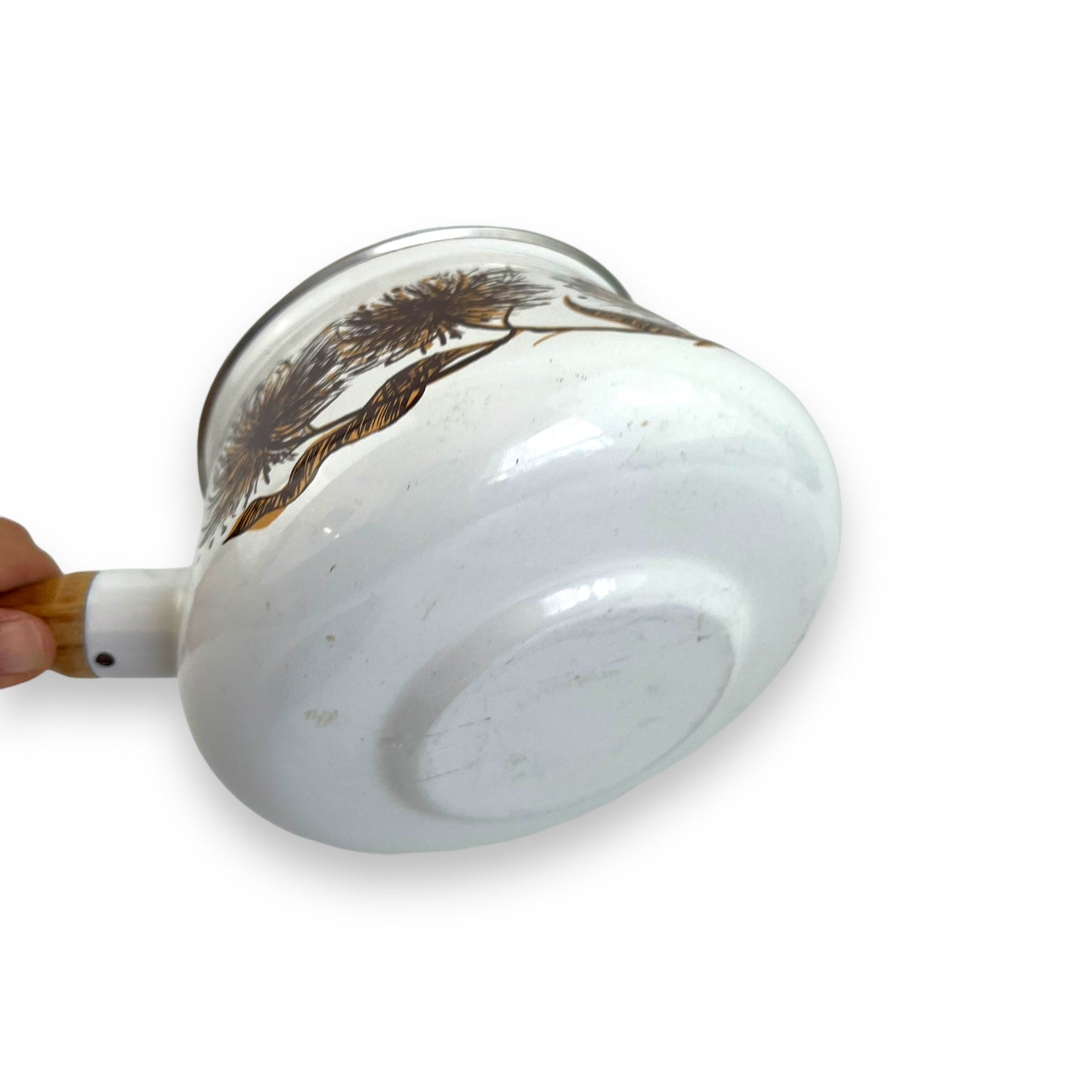 Brown Flower Enamel Fondue Pot with wooden handle