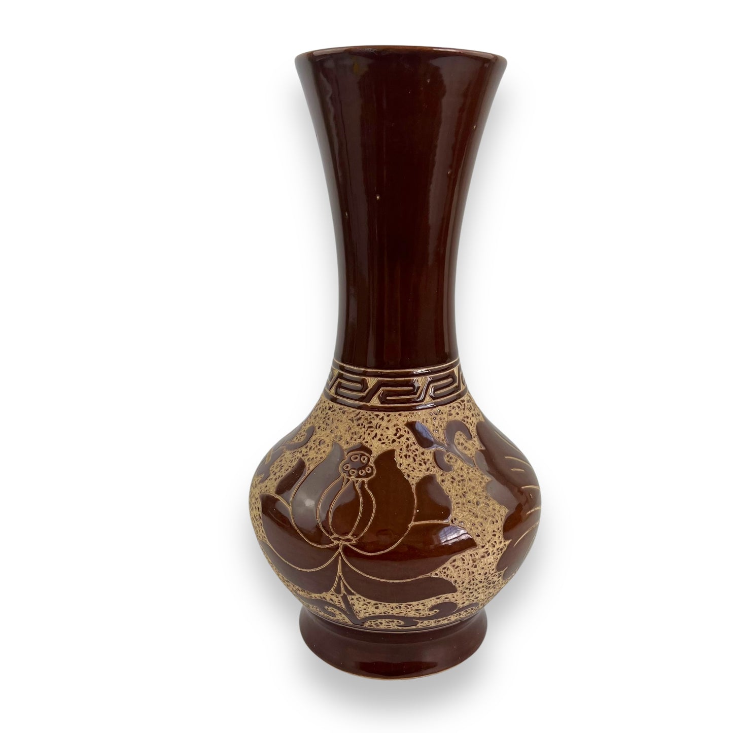 Large brown flower etched vase