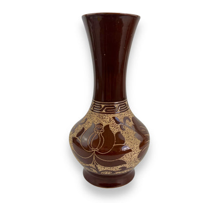 Large brown flower etched vase