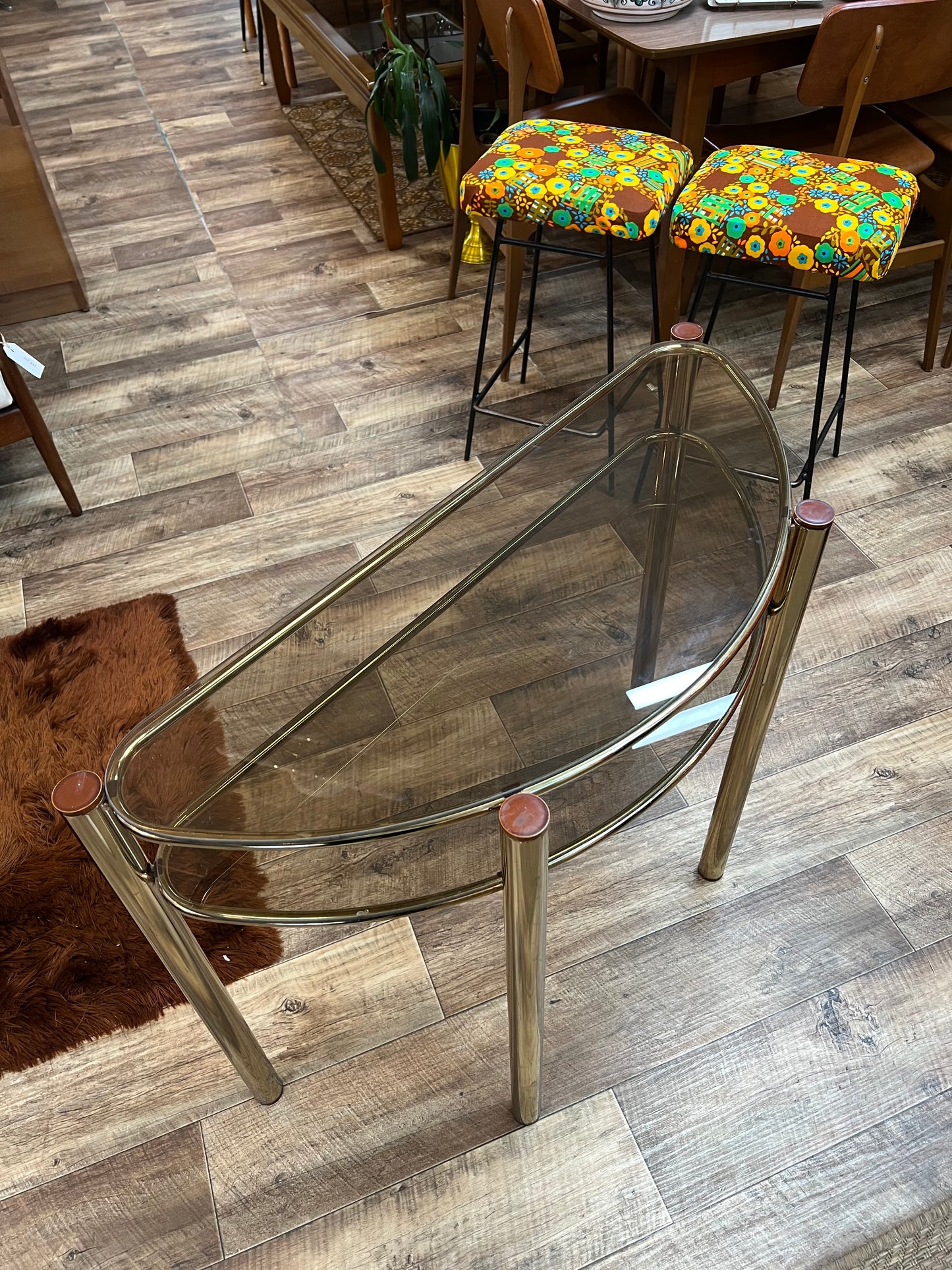 Brass Half Moon Console Table with Smoked Glass / Two-Tier Hall Table