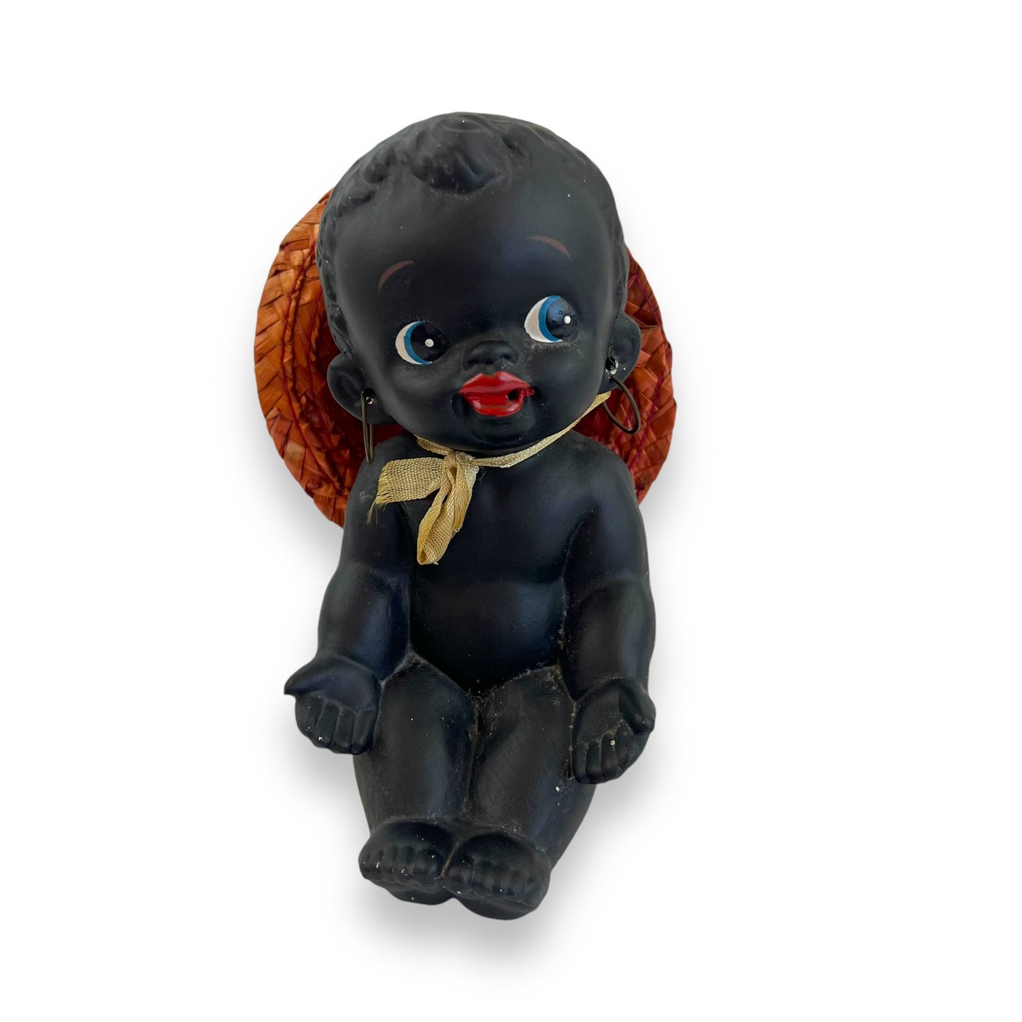 Black Ceramic Kewpie Doll with Straw Hat & Earrings - Made in Japan