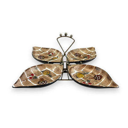 Leaf shape Serving dish Set – Hand-Painted mushroom pattern & Metal carry Stand